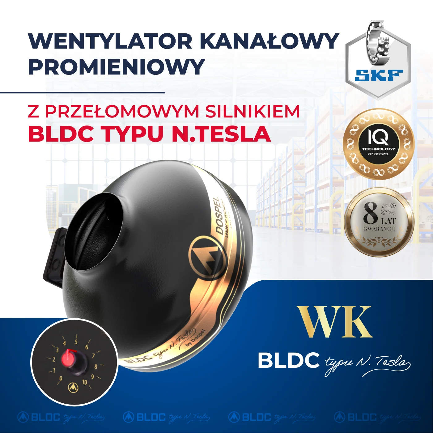 energooszczędny wentylator przemysłowy kanałowy WK z silnikiem N.TESLA BLDC Dospel 