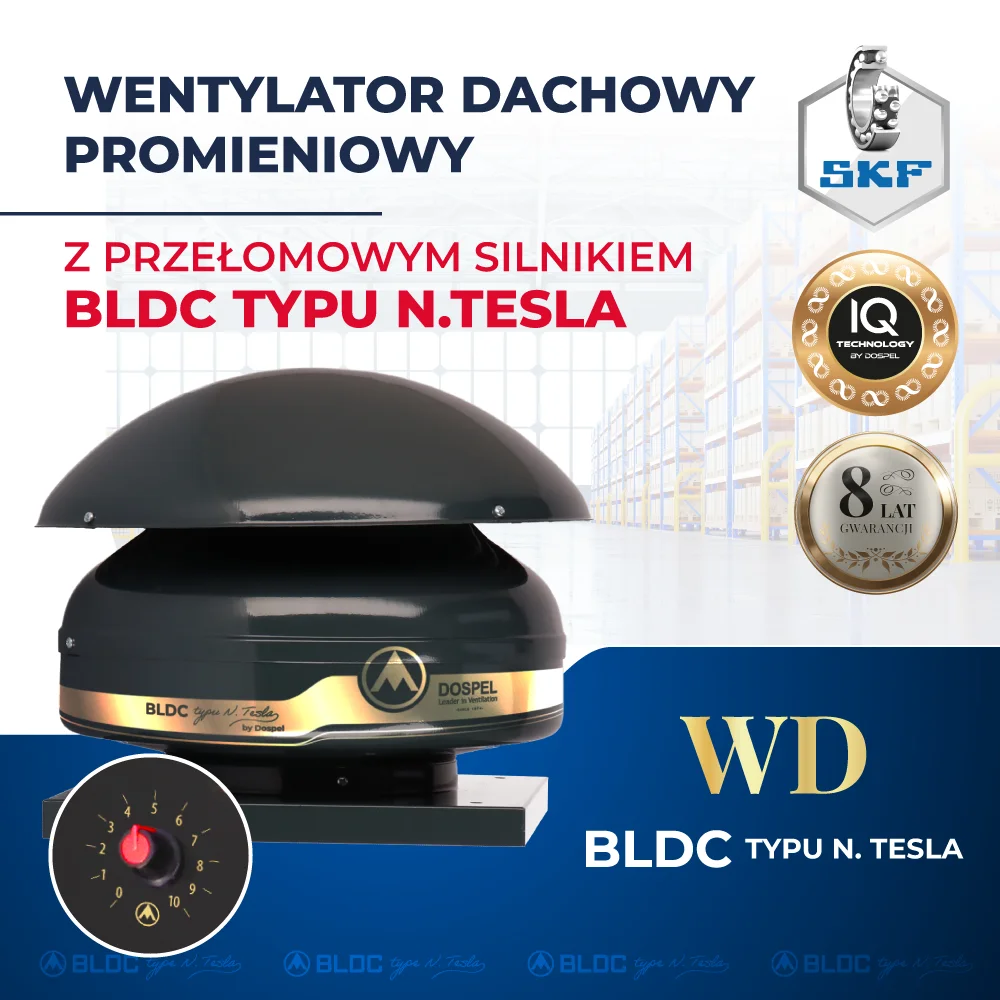 energooszczędny wentylator przemysłowy promieniowy dachowy WD z silnikiem N.TESLA BLDC Dospel 