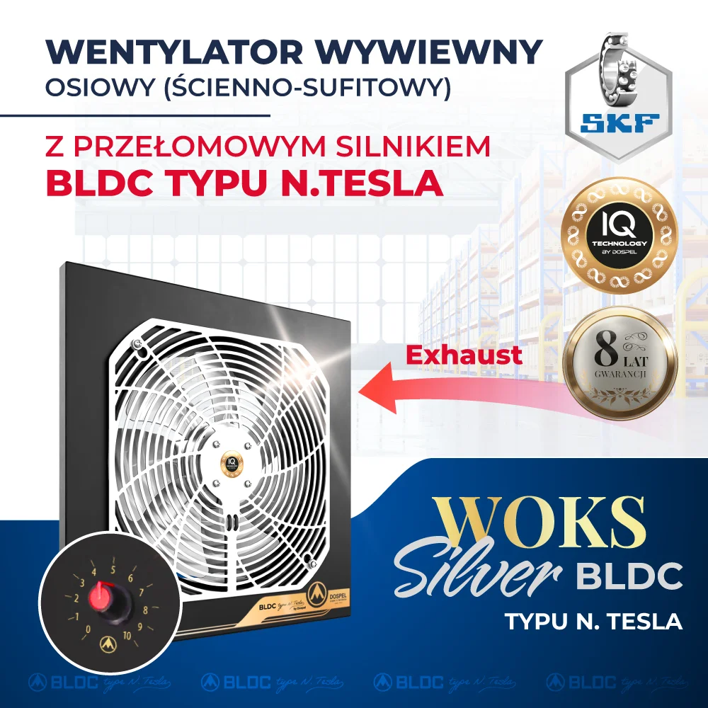 energooszczędny wentylator przemysłowy wywiewny ścienny osiowy z silnikiem N.TESLA BLDC Dospel WOKS SILVER