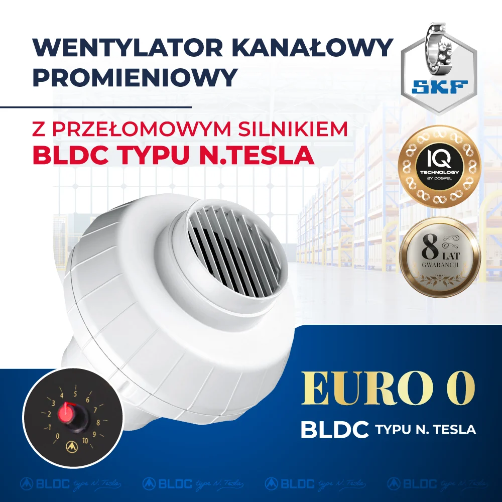 energooszczędny wentylator przemysłowy kanałowy euro 0 z silnikiem N.TESLA BLDC Dospel 