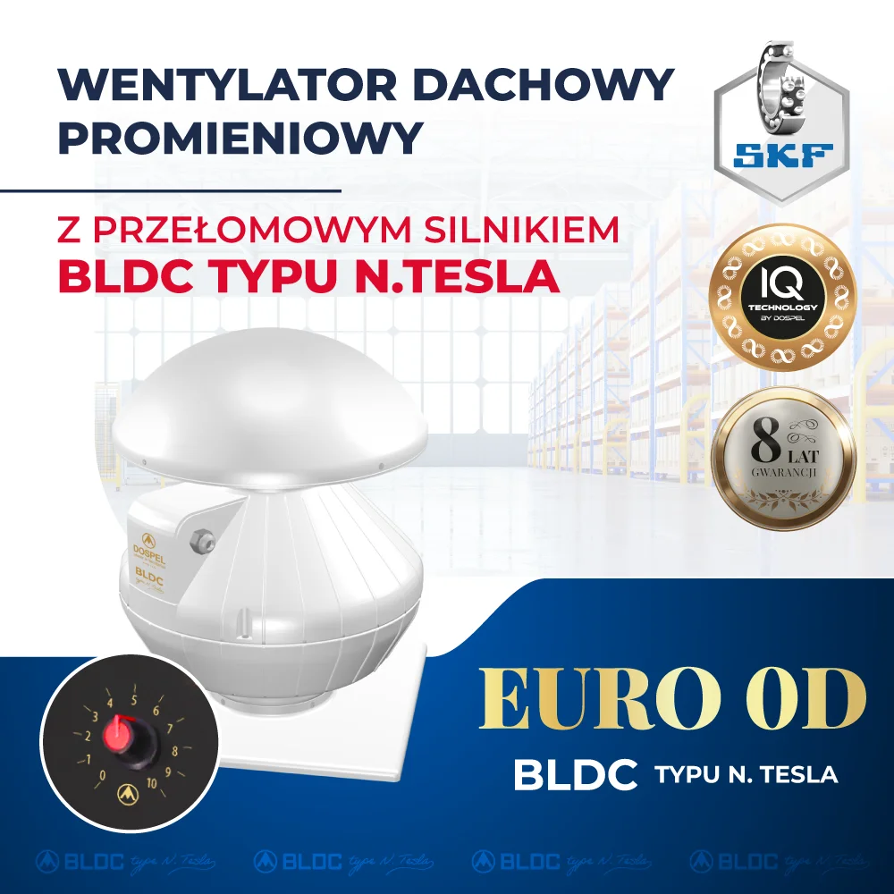 energooszczędny wentylator przemysłowy promieniowy dachowy EURO 0D z silnikiem N.TESLA BLDC Dospel 