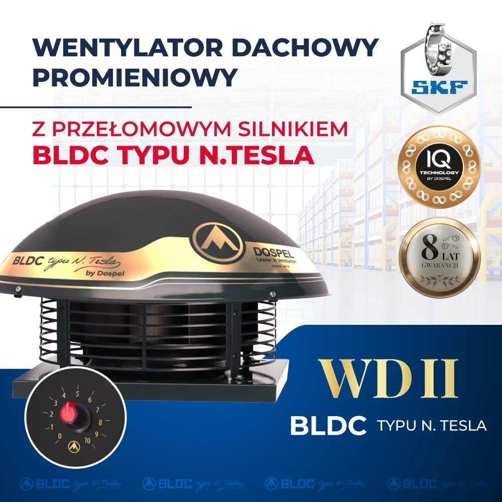 energooszczędny wentylator przemysłowy promieniowy dachowy WD II z silnikiem N.TESLA BLDC Dospel 