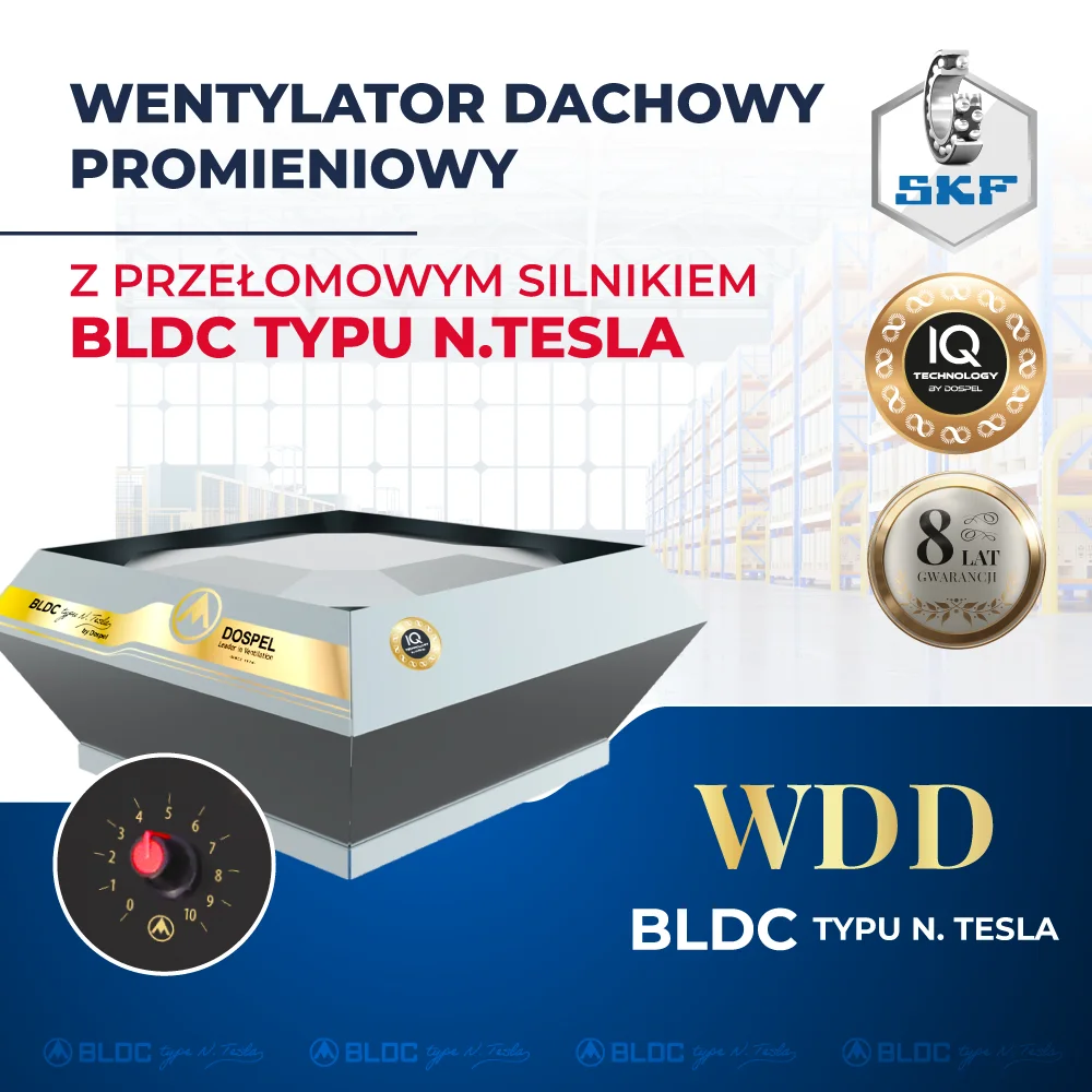 energooszczędny wentylator przemysłowy promieniowy dachowy WDD z silnikiem N.TESLA BLDC Dospel 