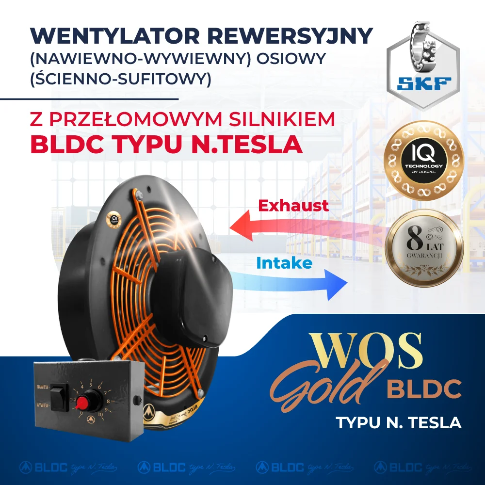 energooszczędny wentylator przemysłowy rewersyjny ścienny nawiewno wywiewny osiowy z silnikiem N.TESLA BLDC Dospel  WOS GOLD