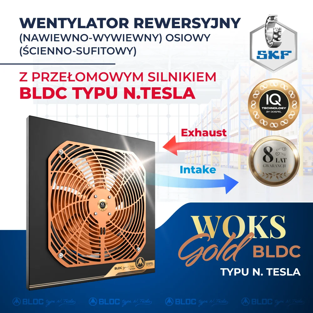 energooszczędny wentylator przemysłowy rewersyjny ścienny nawiewno wywiewny osiowy z silnikiem N.TESLA BLDC Dospel  WOKS GOLD