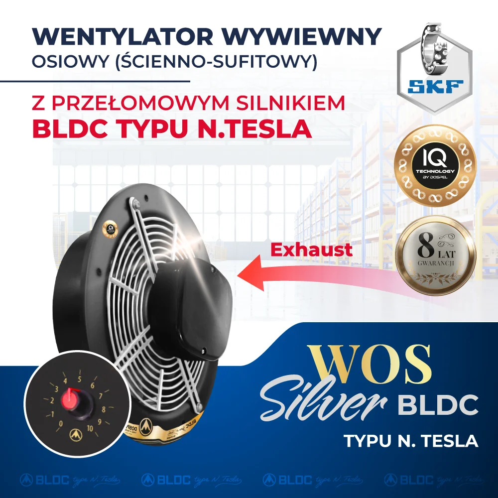 energooszczędny wentylator przemysłowy wywiewny ścienny osiowy z silnikiem N.TESLA BLDC Dospel WOS SILVER